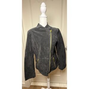 Queen Collection Black Suede Moto Jacket Gold Zip‎ Quiet Luxury